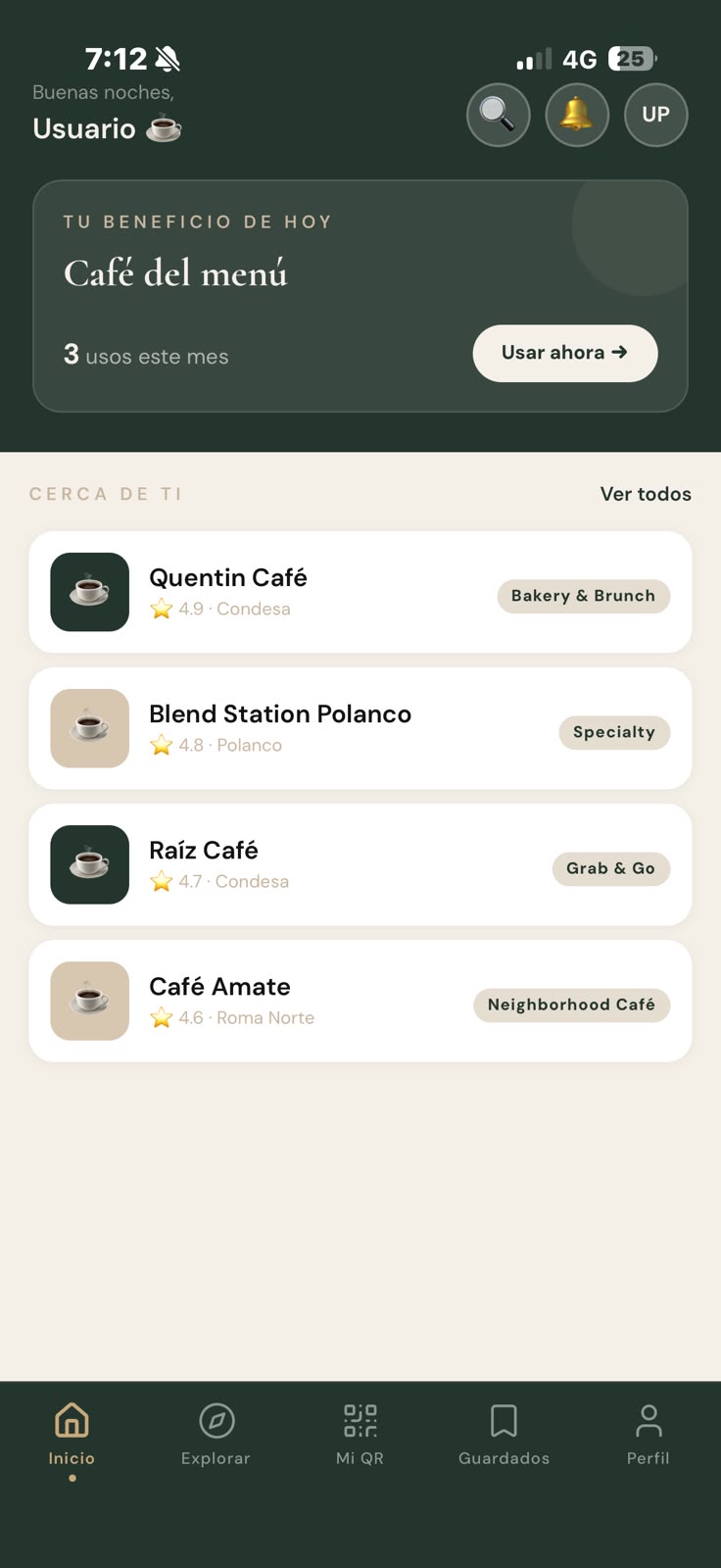 Pantalla de inicio de SIPPR con beneficio del día y lista de cafés cercanos