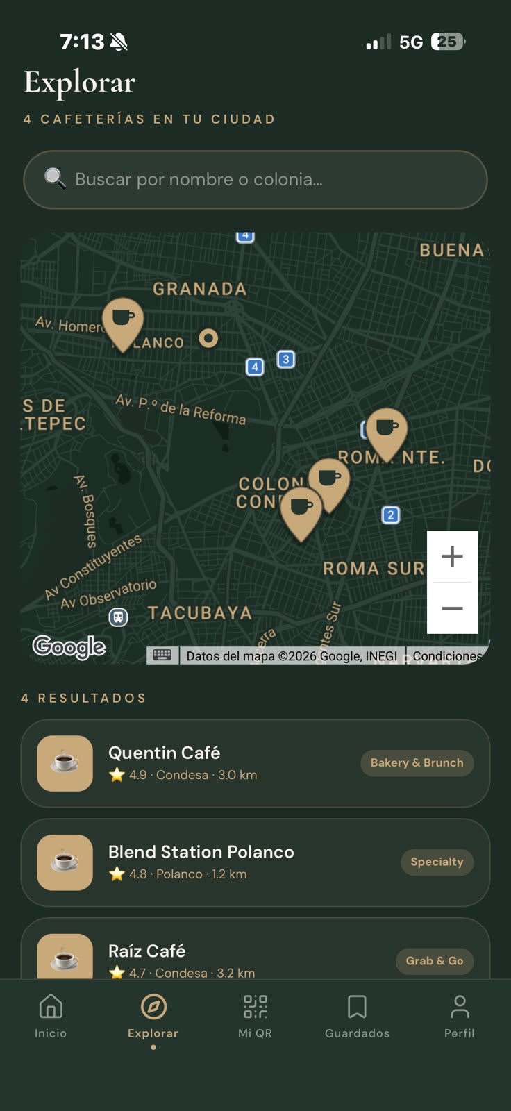 Pantalla Explorar de SIPPR mostrando un mapa con cafeterías en CDMX